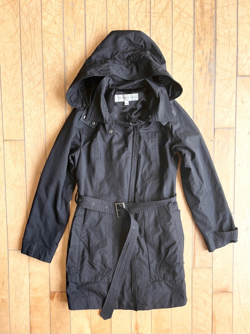 Trina Turk Black Belted Hooded Mid-Season Fall Spring Jacket Coat Size Small